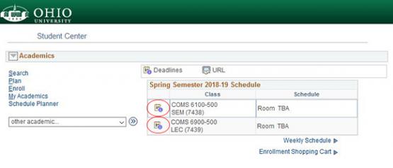 This screenshot shows the location of add and drop deadlines in the My OHIO Student Center.
