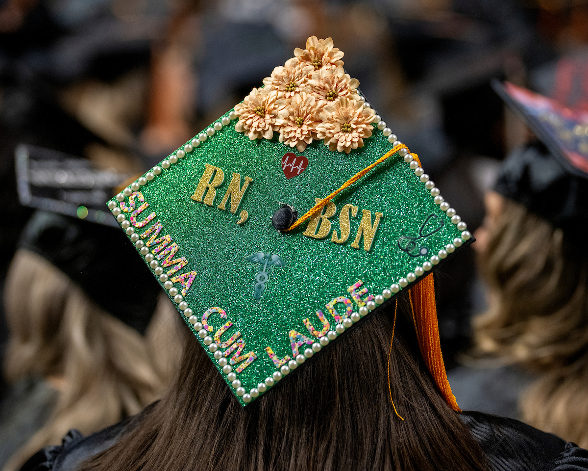 Mortarboard decorated with BN to RSN initials