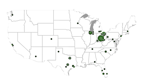 Heat map of the United States that shows where Walter Center alumni live now. There is a large concentration in and around Ohio, a few in Texas, Colorado, New Mexico, Florida, South Carolina, and Tennessee. Alumni are also in Bangaluru, India, Dublin, Ireland, and Amsterdam, Netherlands.