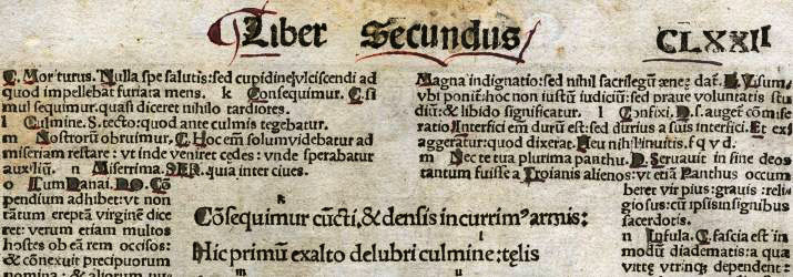 Page from book 2 of the Aeneid by Virgil, printed by Johann Gruninger, 1502. Courtesy of the Farfel Collection in the Mahn Center at Ohio University.