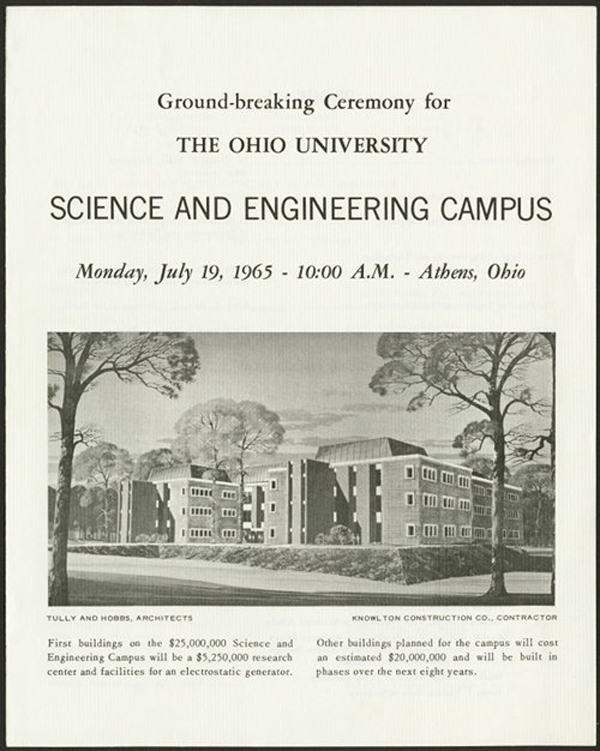 A flyer for the ground-breaking ceremony for Clippinger and the Ohio University Accelerator Laboratory that was held on July 19, 1965. This photo is from the Ohio University archives. 