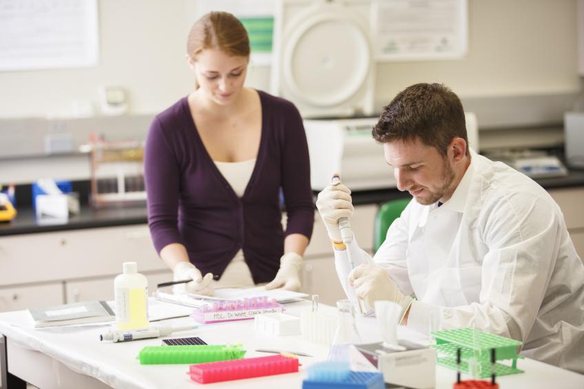 two research students preparing samples in lab