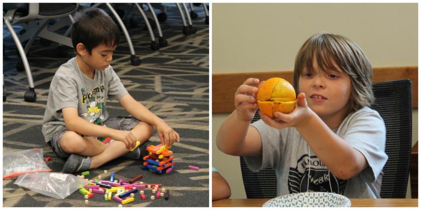 Child building with blocks and child with segmented orange at camp