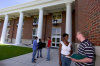 Ohio University students talking outside Walter Hall