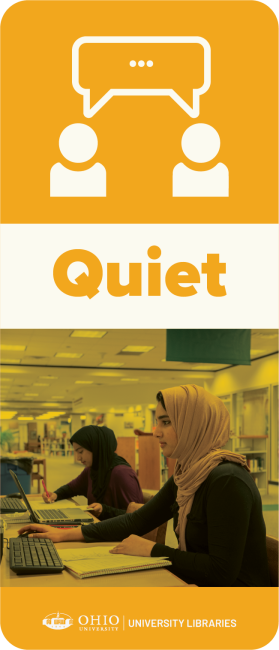 Graphic depicting a quiet noise level that features students studying quietly side by side