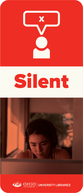 Graphic depicting a silent noise level that features a student working alone with headphones on