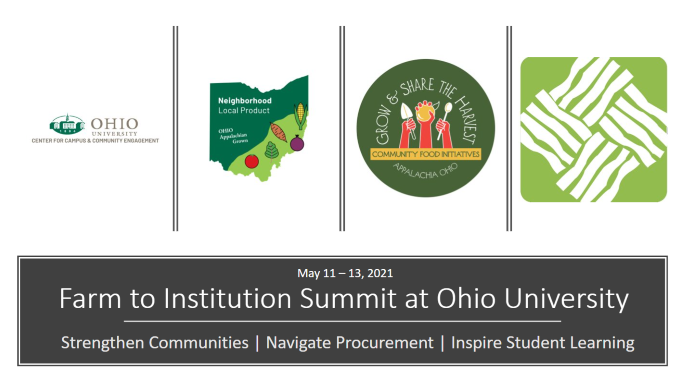 Logos for organizations that sponsored the 2021 Farm to Institution Summit at Ohio University with date and tagline