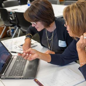 two women, working together at a laptop. One woman is pointing at the laptop screen.