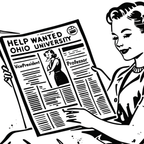 Retro image of woman reading Help Wanted section of newspaper