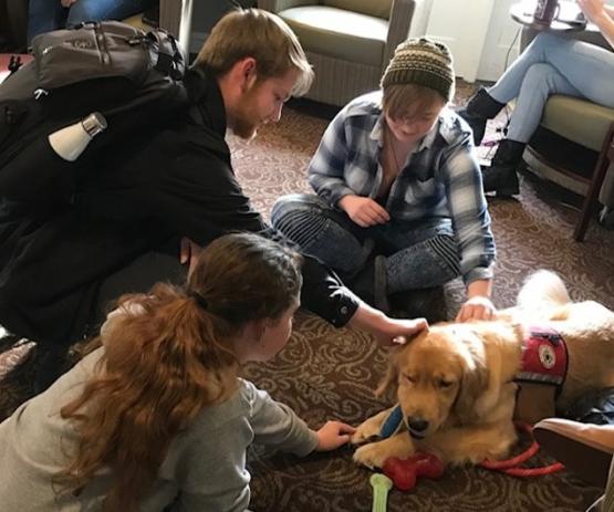 Students pet Chilly the Therapy Dog