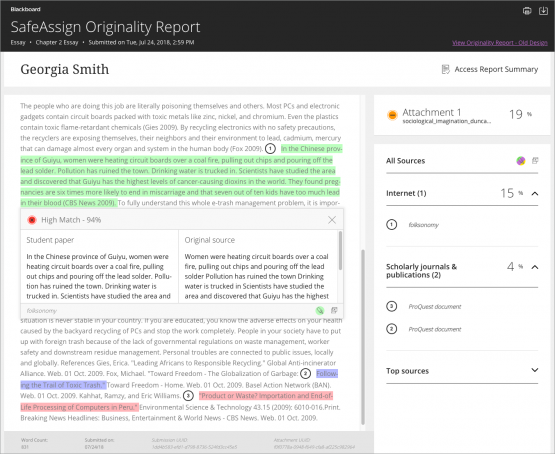A screenshot of the Blackboard SafeAssign Originality Report, which highlights different parts of a student submission that match text on the internet and in journals and publications.