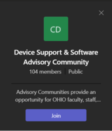 Dialog to join the Device Support & Software Advisory Community on Teams