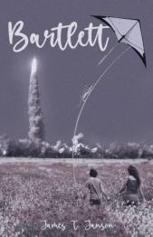 Boy and girl in flower field holding kite with mouse walking up kite string and rocket takeoff in background.
