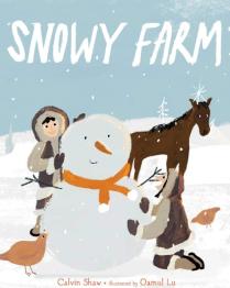 Animated picture of two people building a snowman with horse in background.