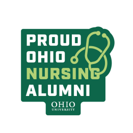Sticker logo with text, "Proud OHIO Nursing Alumni, Ohio University."