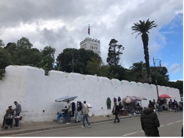 A whitewashed wall along a city street with a tall palm tree and Moroccan castle in the background