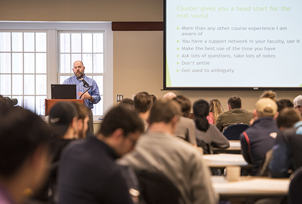 Chad Boeninger, head of user services and subject librarian for business at Ohio University Libraries, leads a discussion on business resources for sophomore business cluster students Jan. 17 in Nelson Commons.