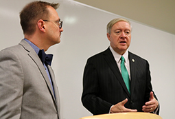 Ohio University President M. Duane Nellis, right, and Zanesville Campus Dean Dr. Jeremy Webster meet with local media after a community business roundtable May 9, 2018.