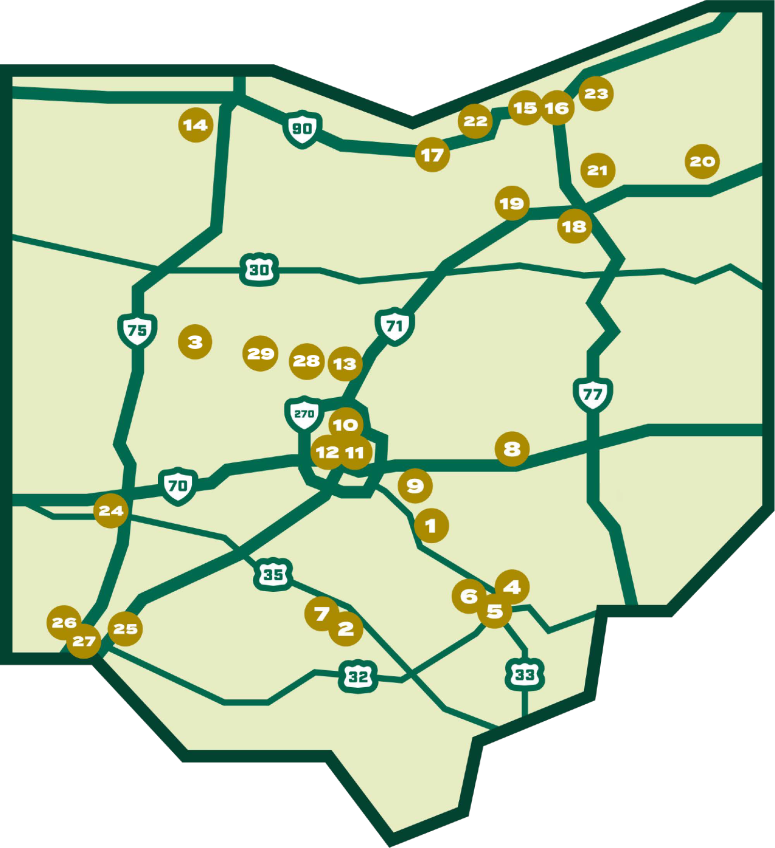 Map of Ohio with numbers over cities correlating with list of Breweries.