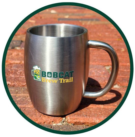 Silver beer stein with Bobcat Brew Trail logo.