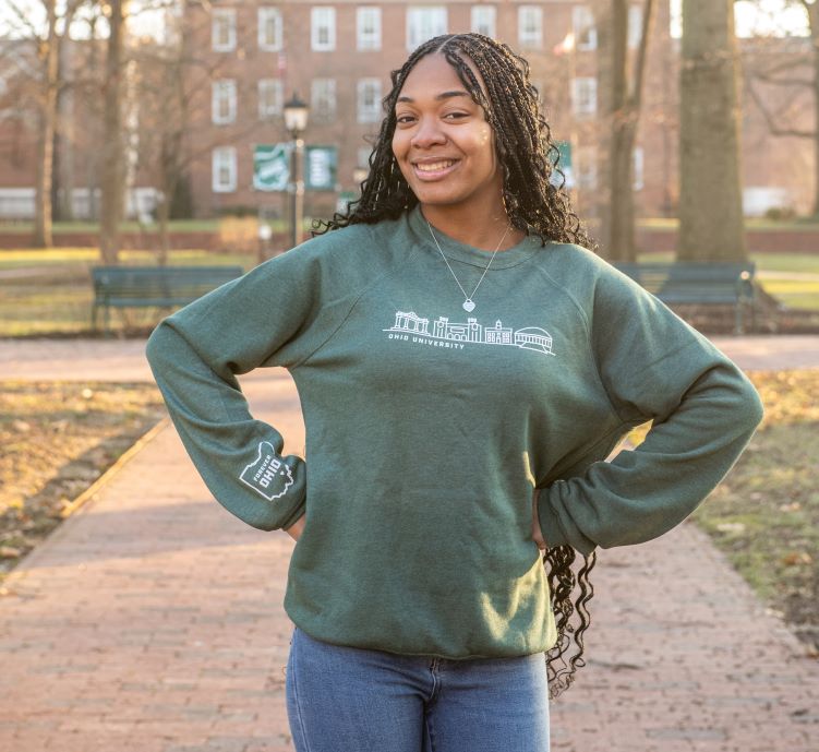 A student models an Ohio University sweatshirt