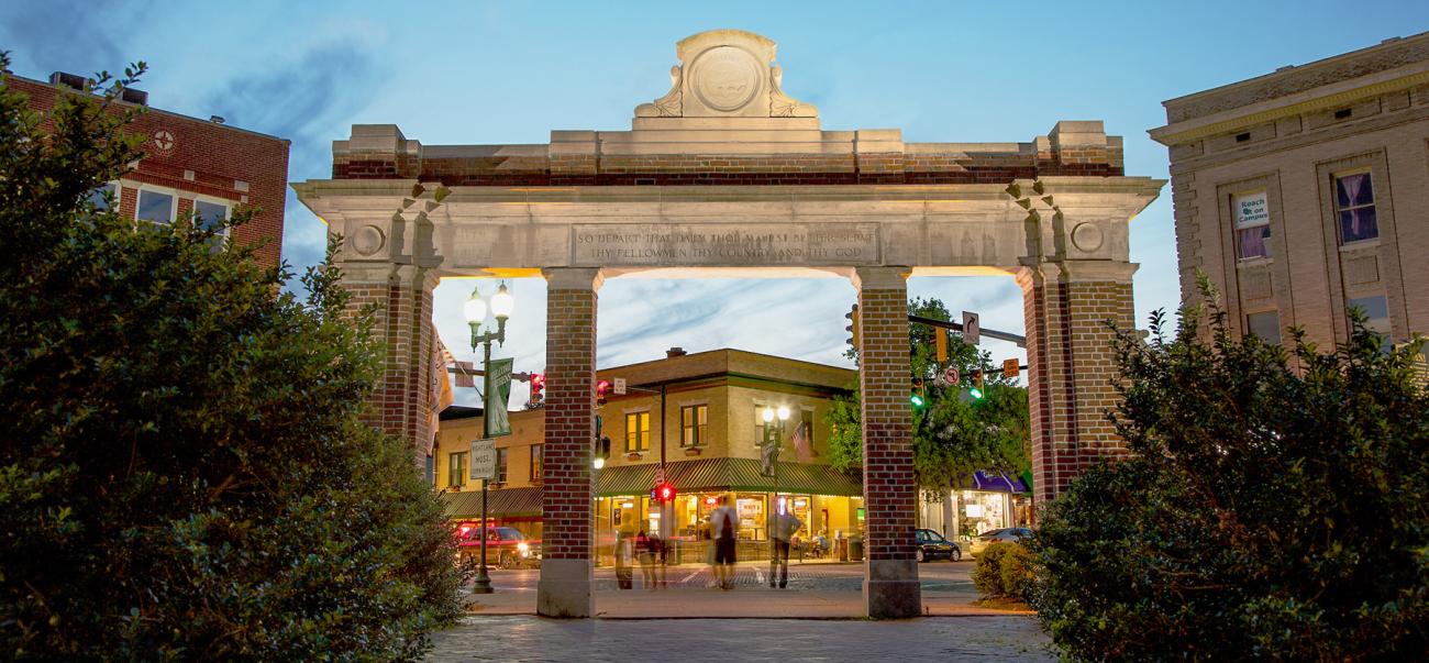 Ohio University Class Gateway is lit up at night