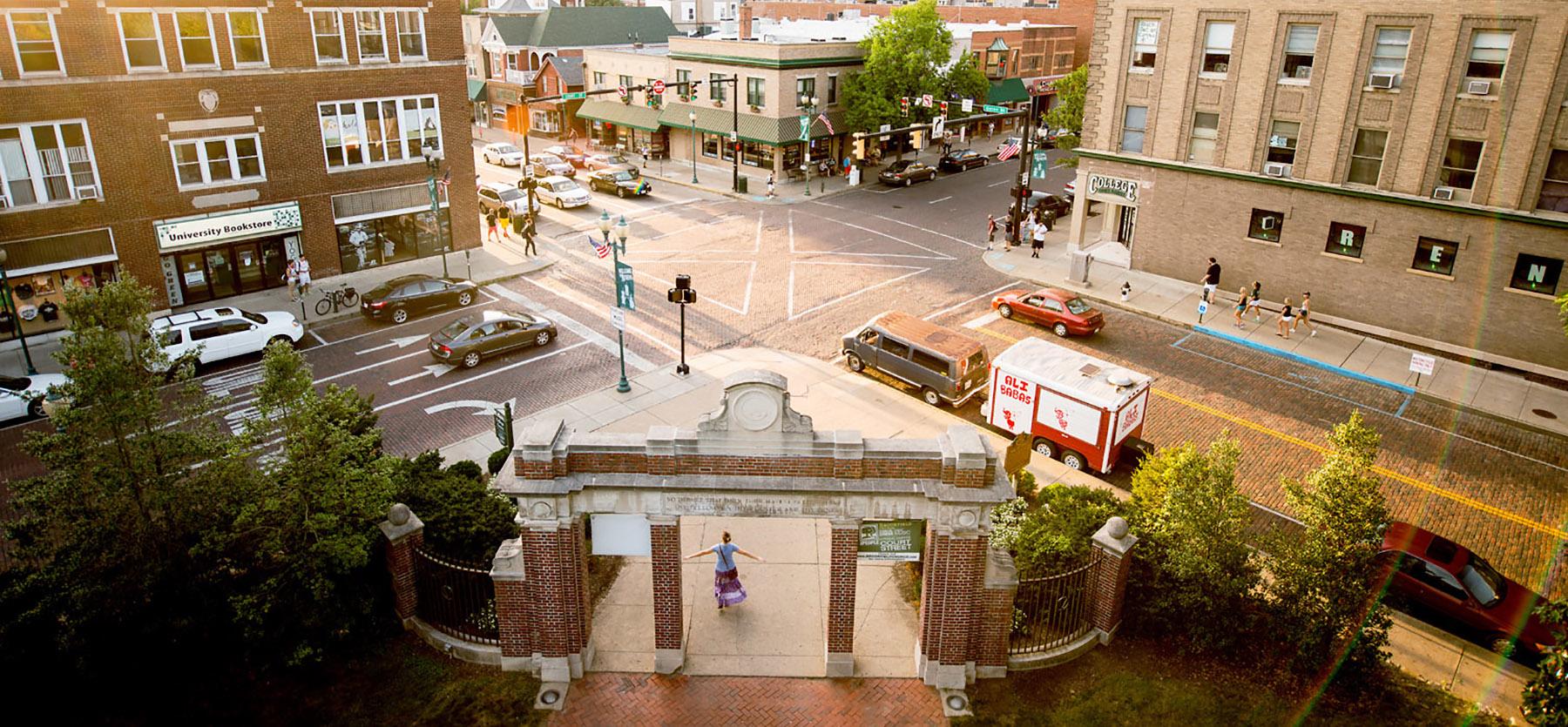 Aerial view of the Class Gateway, looking toward uptown at sunset.