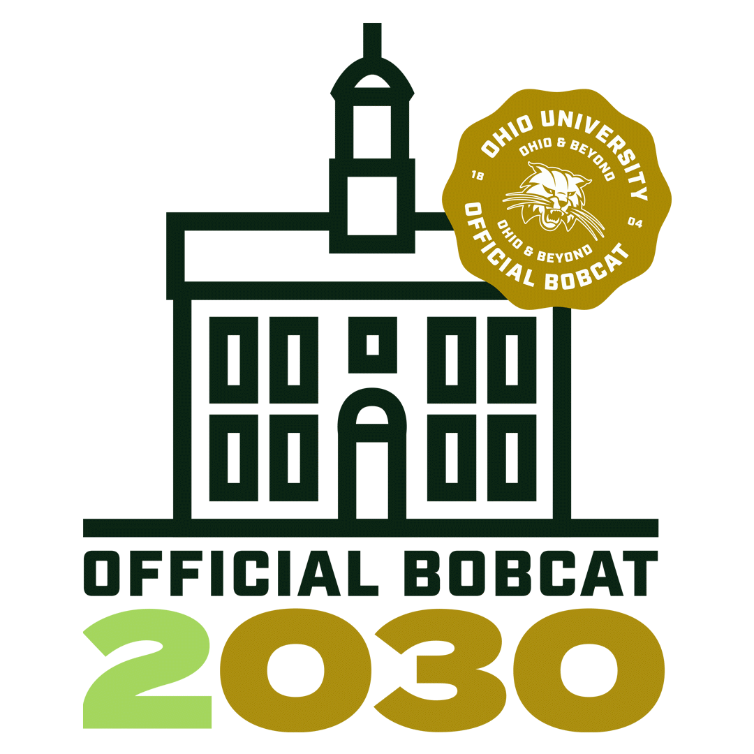 Cartoon image of Cutler Hall with an Ohio University stamp and the text "Official Bobcat 2030"