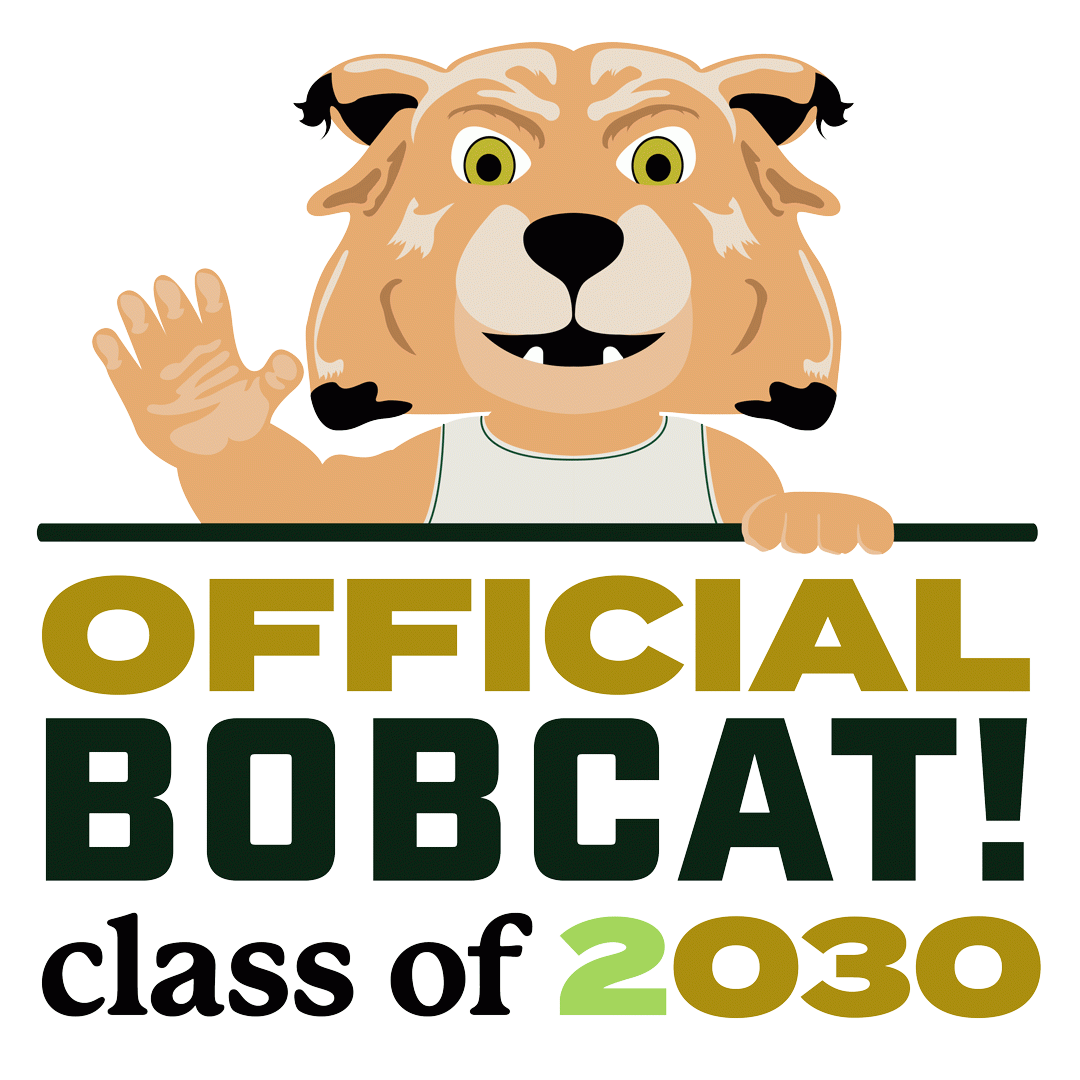 Cartoon photo of Rufus the Bobcat waving with the text "Official Bobcat class of 2030"