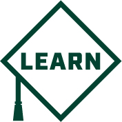graphic of graduation cap shape with the word "Learn" in the center