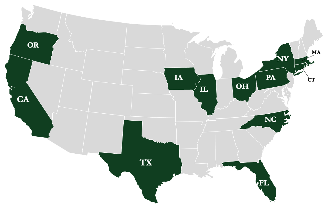 Map of the United States that shows states with DMG Alumni. Alumni are present in Texas, Iowa, Illinois, Ohio, Pennsylvania, New York, Massachusetts, North Carolina, Florida, Connecticut, Rhode Island, Oregon, and California.
