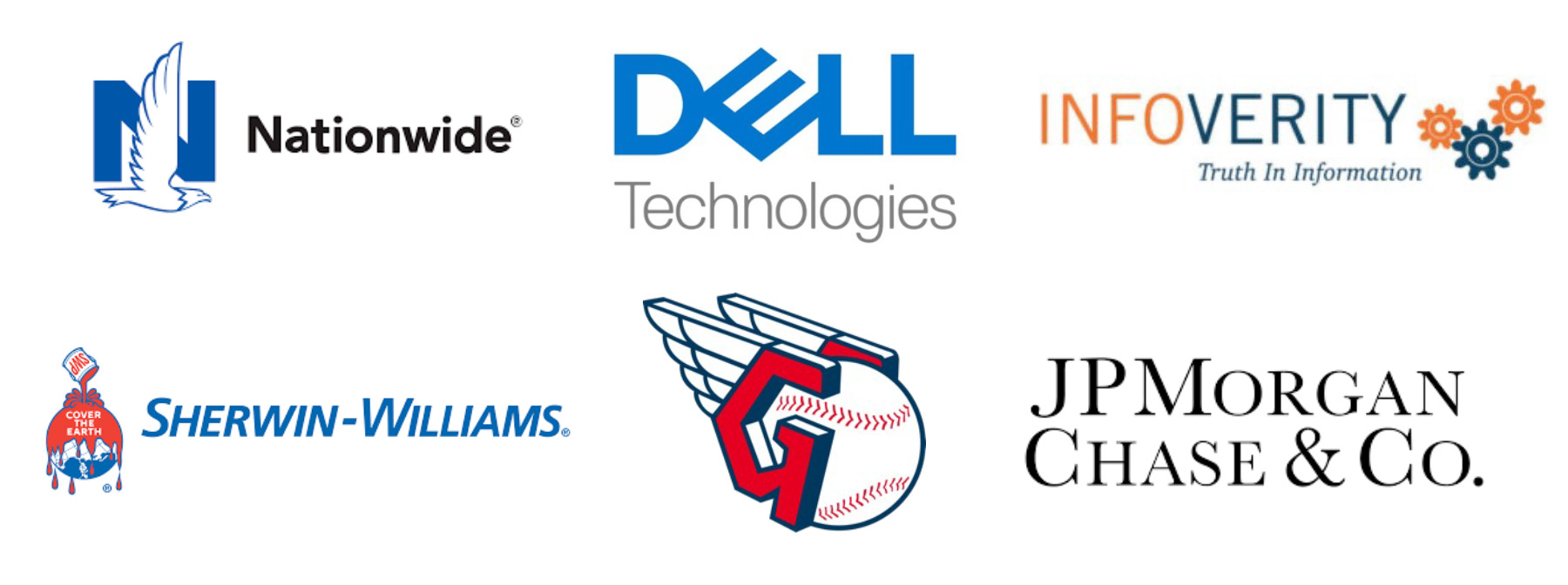 Logos for Nationwide, Dell Technologies, Infoverity, Sherwin-Williams, the Cleveland Guardians, and JP Morgan Chase & Co.