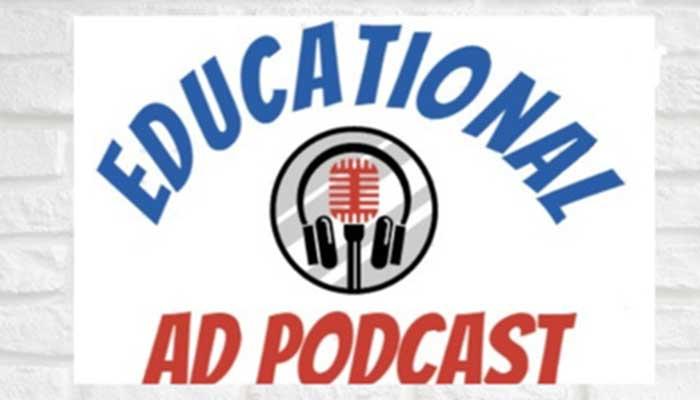 square graphic with white brick background and overlay of Educational AD Podcast