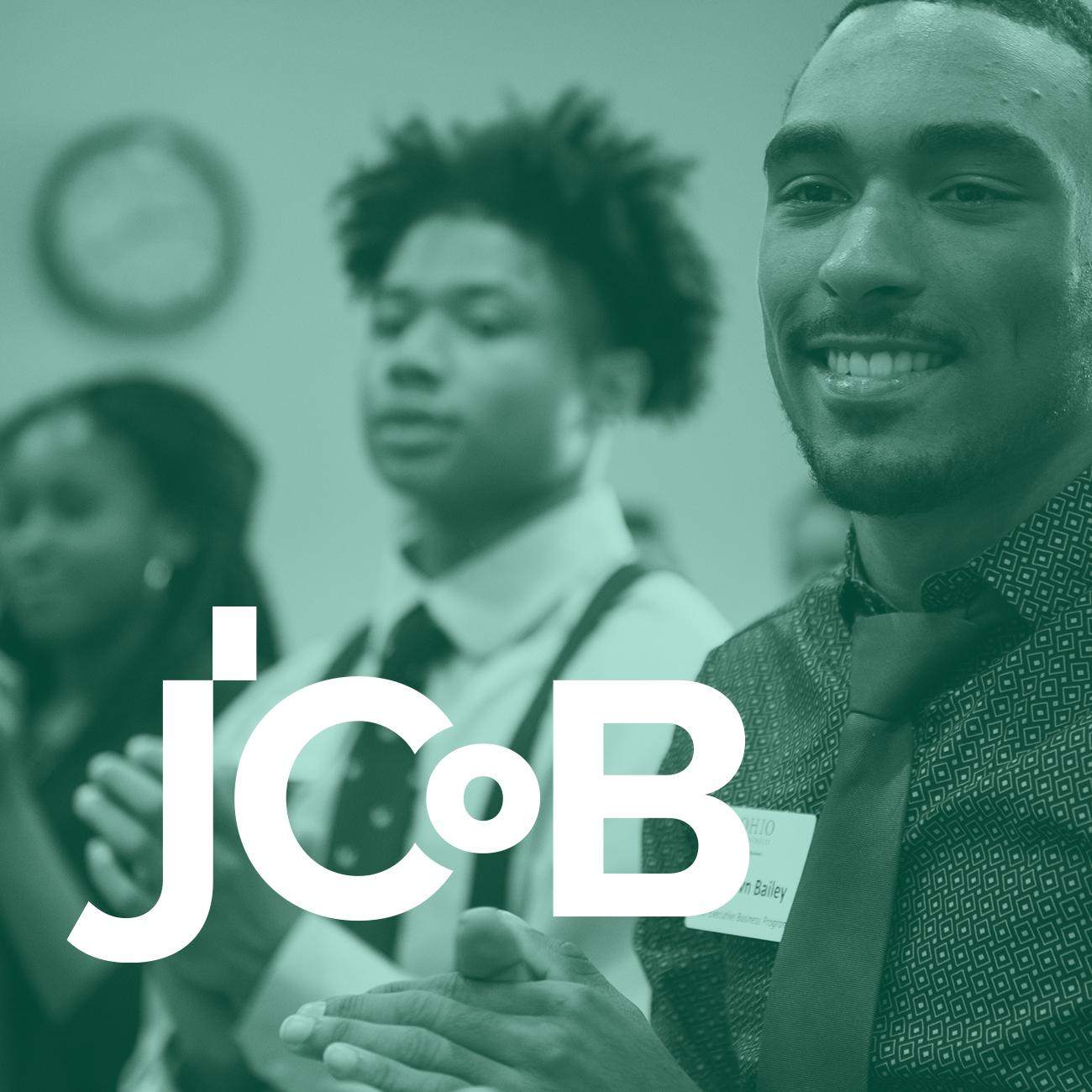 JCob text logo over background image of three students