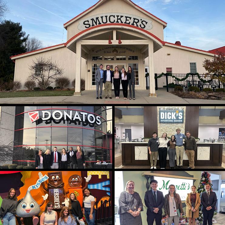 A collage of consumer research students visiting corporate headquarters offices for Smuckers, Dick's Sporting Goods, Donatos, Hershey's and Marzetti's.
