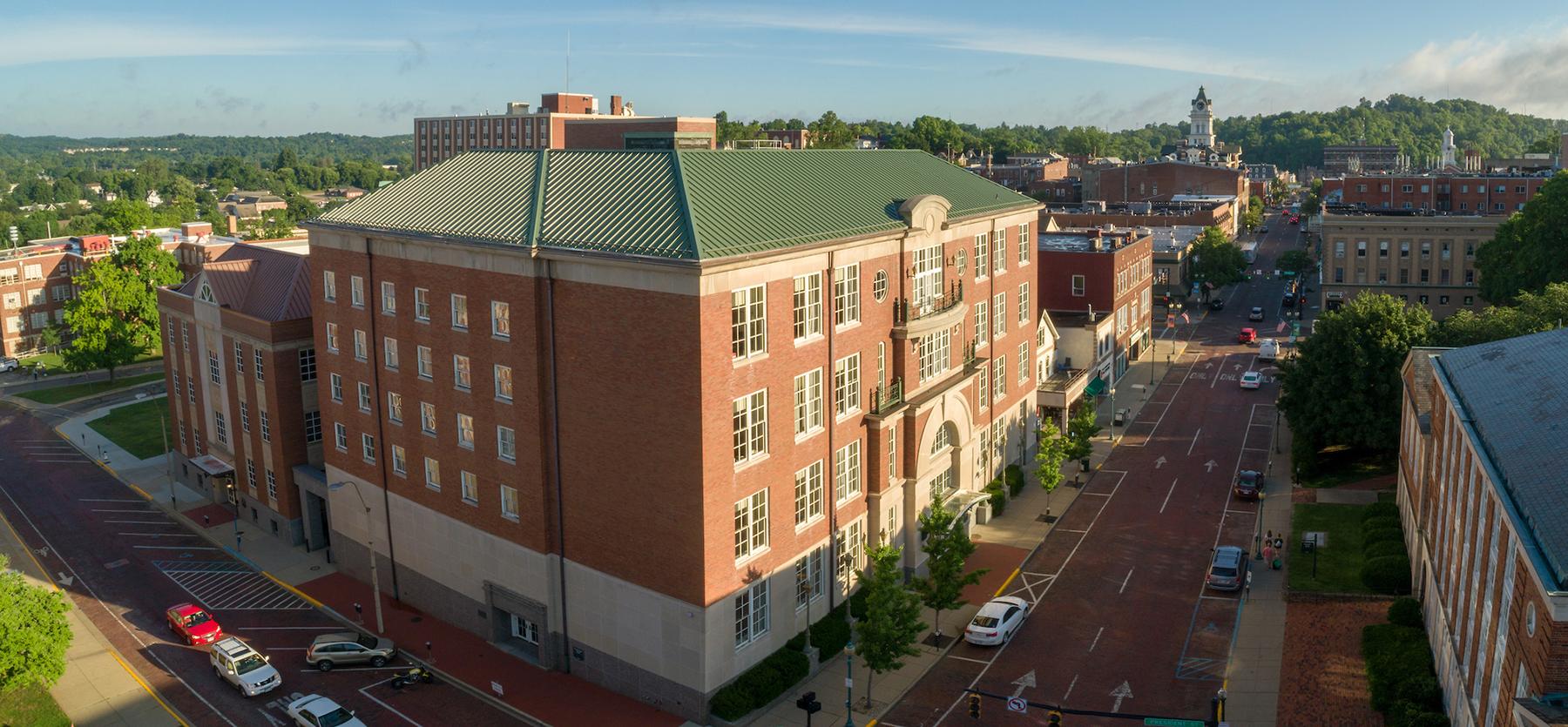 Aerial view of Copeland Hall, home of Ohio University's College of Business