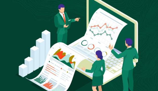 Graphic of man standing on keyboard in front of screens with green background and boxes of text