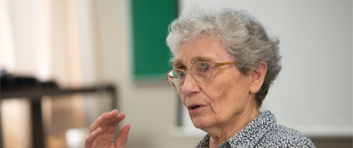 Dr. Marie Claire Wrage leads a discussion about a Holocaust memoir in 2014. Photo by Ben Siegel