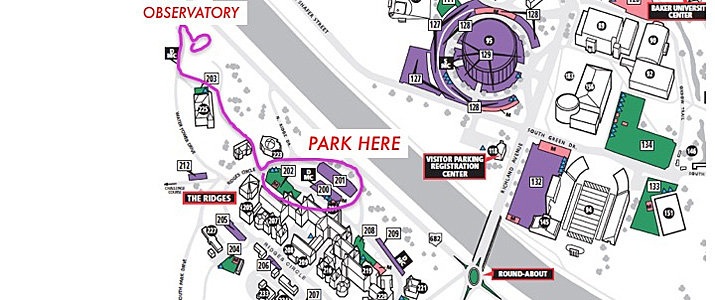 Parking is available in university lots 202, 200, and 201, which are open to visitors after 5 p.m. on weekdays and on weekends.