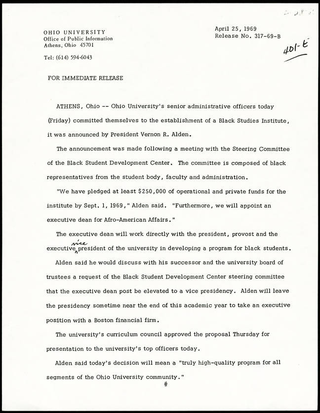 1969 news release says Ohio University's senior administrative officers committed themselves to the establishment of a Black Studies Institute, announced President Vernon R. Alden.