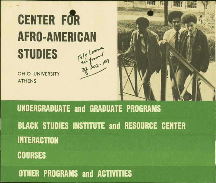Center for Afro-American Studies brochure, circa early 1970s. It highlights Undergraduate and Graduate programs, Black Studies Institute and Resource Center, Interaction, Courses and Other Programs and Activities