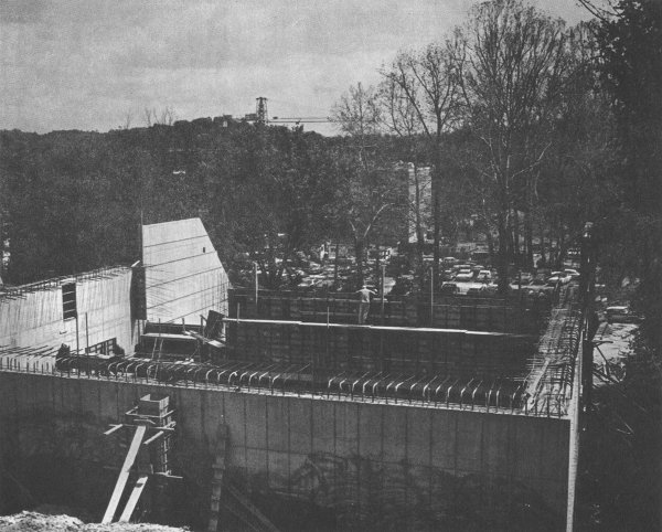 Construction of the Ohio University Accelerator Laboratory on June 1, 1966. Note the extra-thick concrete walls used to provide radiation shielding for the target rooms and accelerator vault. This photo is taken from the proposal submitted to the U.S. Atomic Energy Commission to fund the tandem accelerator. 