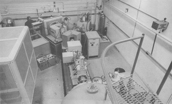 The ion source area in the low-energy part of the vault, in the early days. This photo is taken from a proposal submitted to the U.S. Atomic Energy Commission in 1973 to fund research in the laboratory. 