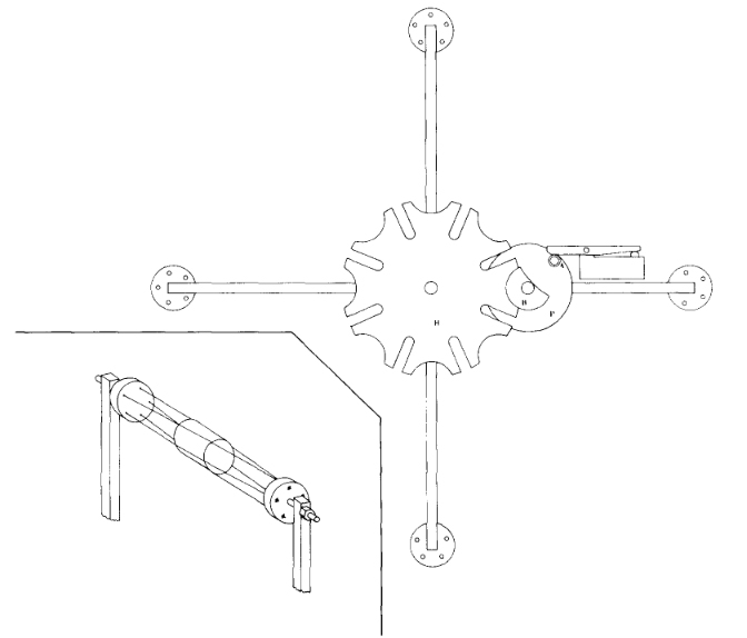 Fig. 7. Scattering sample suspension and selection mechanism. The motor-driven circle P brings the shaft A into the elongated slot in the flower-like flange H, causing it to be rotated by 45 °. The motion of A is terminated at the end of one revolution when the microswitch is opened. The position of H is kept fixed by the half circle B. The nylon string arrangement is shown in the insert. 