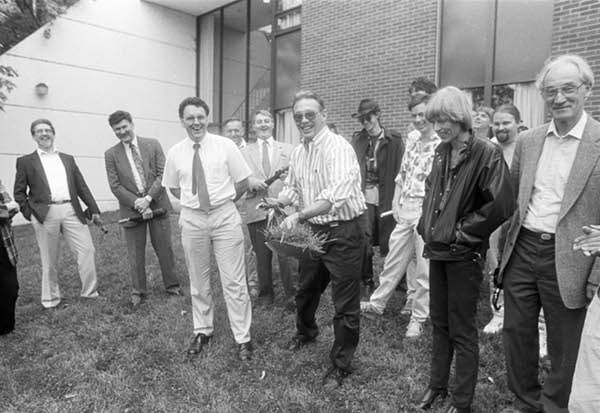 Ground breaking for the expansion of the John E. Edwards Accelerator Laboratory in 1993. People visible from left to right include Louis Wright, Lloyd Chestnut, David Ingram, Jacobo Rapaport, David Onley, Roger Finlay (with shovel), Jim Dilley, Charlotte Elster, and Chuck Brient.