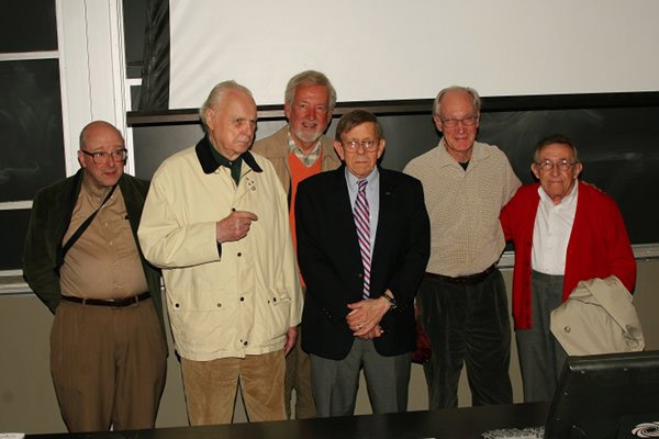 Steve Grimes, Ernst Breitenberger, Louis Wright, Harold Knox, Chuck Brient, and Ray Lane, immediately following Harold′s colloquium presented to the Department of Physics and Astronomy on April 22, 2011. Harold received his Ph.D. from Ohio University in 1972 under the supervision of Roger Finlay. After his Ph.D., Harold worked at Rensselaer Polytechnic Institute and Texas A&M before returning to Ohio University as a postdoctoral Fellow. Since 1989 he worked for the Knolls Atomic Power Laboratory. 