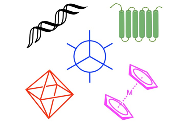 Illustration with 5 different chemistry symbols to represent breadth of research