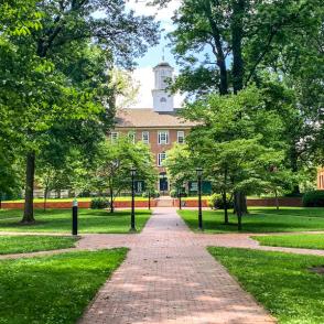 A long view up the College Green to Cutler Hall