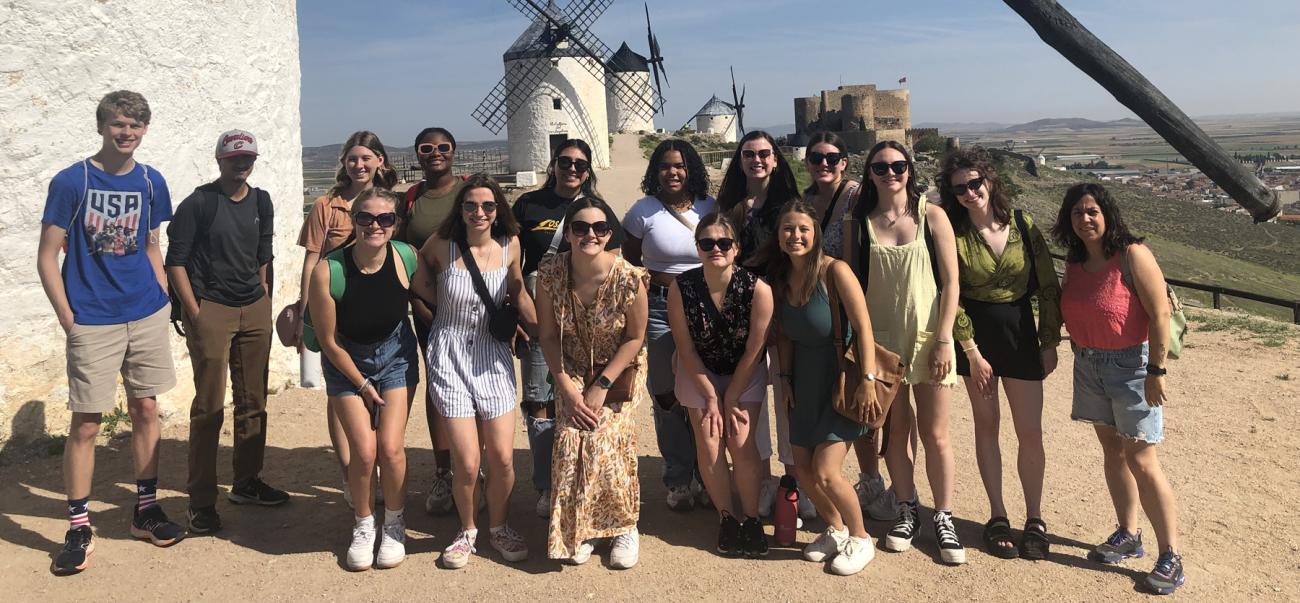 Students on Study abroad in Spain, group photo with windmills in the background