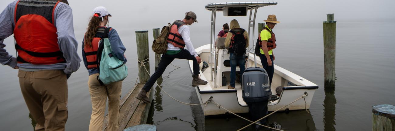 Professor Willem Roosenburg leads biology students on a turtle research project in the Chesapeake Bay. 